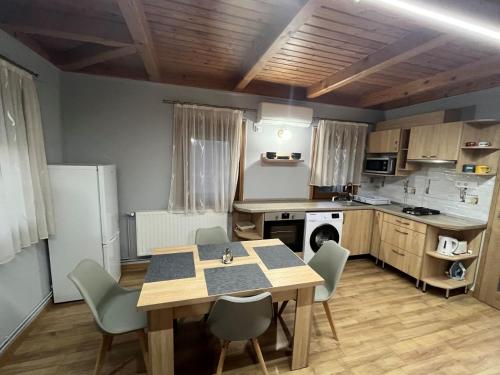 a kitchen with a table and chairs in a room at Tisza Panzió és Apartman in Tiszaújváros