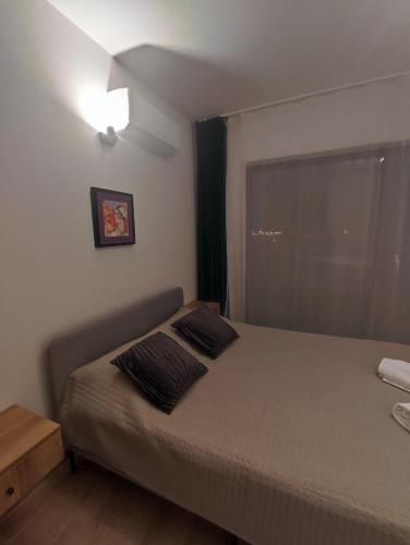 a bedroom with a bed with two pillows on it at Aquarius Stawy Walczewskiego 8 in Grodzisk Mazowiecki