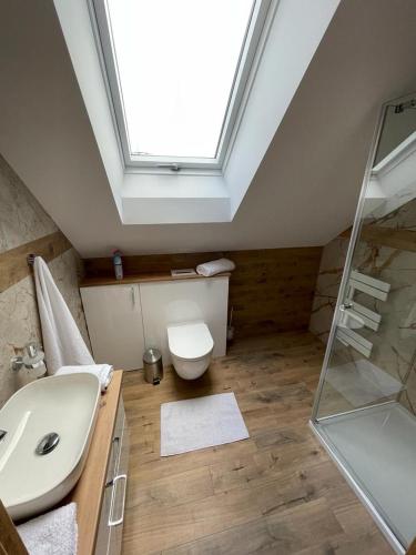 a bathroom with a toilet and a sink and a skylight at Apartament Szary 14/2 in Starogard Gdański