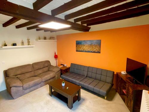 a living room with a couch and a tv at Attic in the Old Town in Modena
