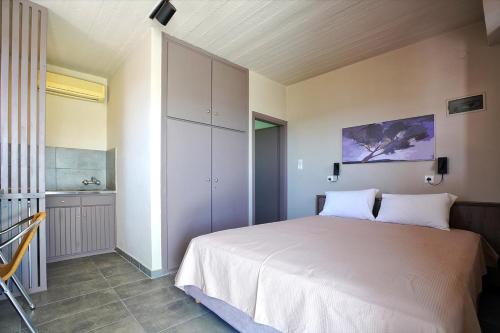 1 dormitorio con 1 cama blanca grande y armario en Alekos Studios, en Diakofti