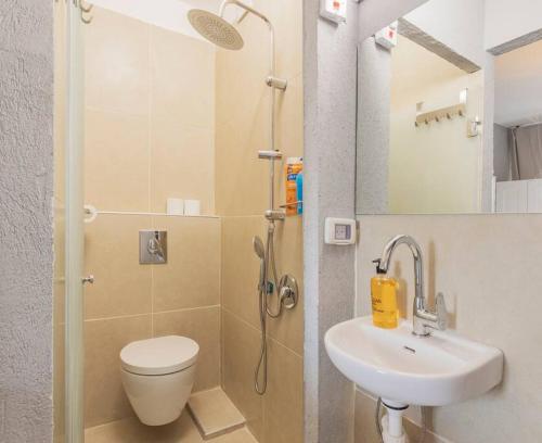 y baño con aseo, lavabo y ducha. en Ran's Cozy Hotel Style apt en Tel Aviv
