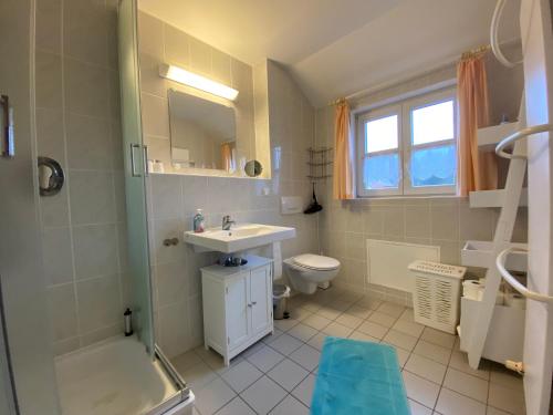 ein Bad mit einem Waschbecken, einem WC und einer Dusche in der Unterkunft Gemütliches Apartment in Strandnähe in Dranske