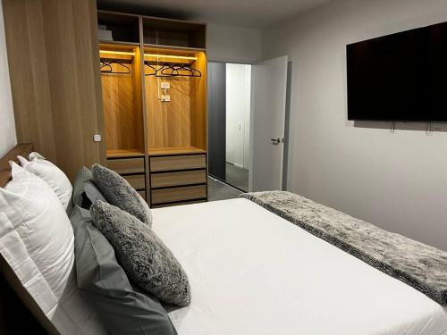 1 dormitorio con 1 cama y TV de pantalla plana en Luxe Apartment, en Belconnen