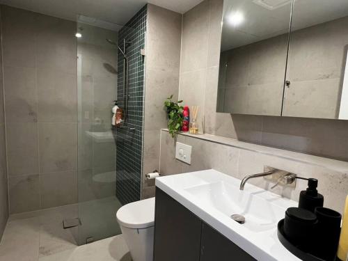 a bathroom with a sink and a toilet and a shower at Luxe Apartment in Belconnen
