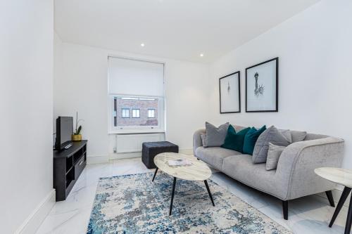 Luxury Harley Street Apartments في لندن: غرفة معيشة مع أريكة وطاولة