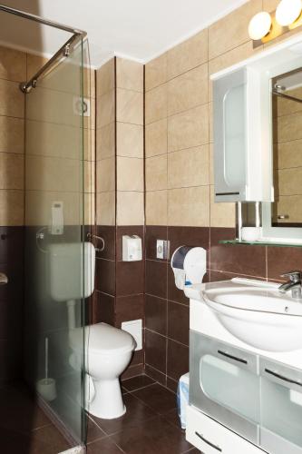 a bathroom with a toilet and a sink and a mirror at Hotel Grand in Eforie Nord