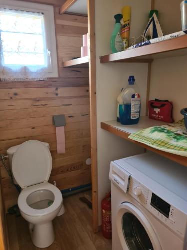 a bathroom with a toilet and a washing machine at Chalet au coeur du parc du Morvan - Moux-en-Morvan in Moux-en-Morvan
