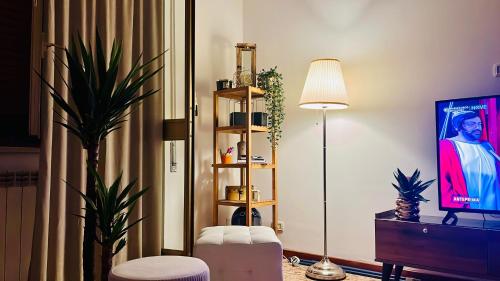 uma sala de estar com uma televisão e uma planta em A Casa Nostra em Roma