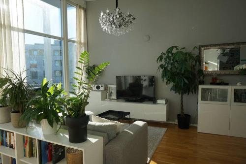 sala de estar con sofá y macetas en Top floor apartment in Stavangers best area! en Stavanger