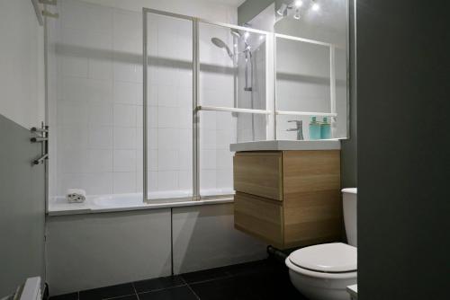 a bathroom with a shower and a toilet and a sink at Equipped studio in Vieux-Lille near Grand Place in Lille