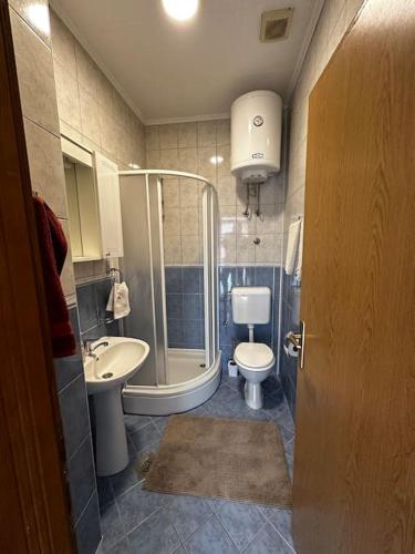 a bathroom with a shower and a toilet and a sink at Milincic‘s 2 Zimmerwohnung in Banja Luka