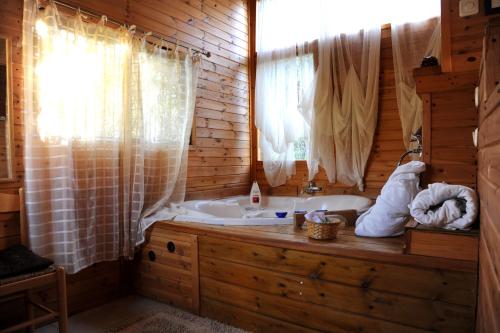 uma casa de banho com uma banheira e um lavatório num camarote em The Edge Of The Village - Shefer em Shefer