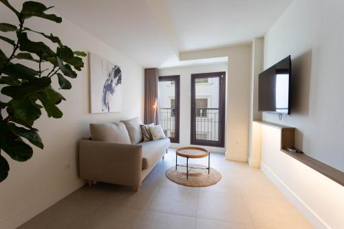 a living room with a couch and a flat screen tv at Reina Victoria Velázquez in Alicante