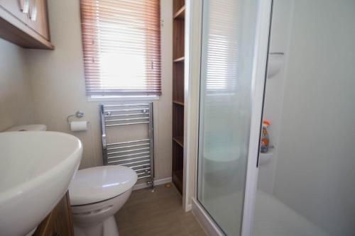 y baño con aseo y ducha acristalada. en Stunning Caravan With Full Sea Views At Hopton Haven Ref 80044s en Great Yarmouth