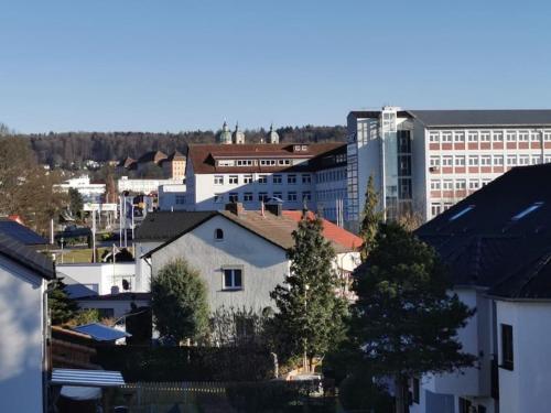 vista su una città con edifici e alberi di Geräumige schöne Ferienwohnung stadtnah ruhig Nähe Bodensee mit Aussicht a Weingarten