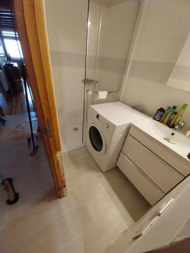 une machine à laver dans une salle de bain avec un lavabo dans l'établissement haute montage station Orcières merlette draps-ménage en supp sur demande, à Orcières