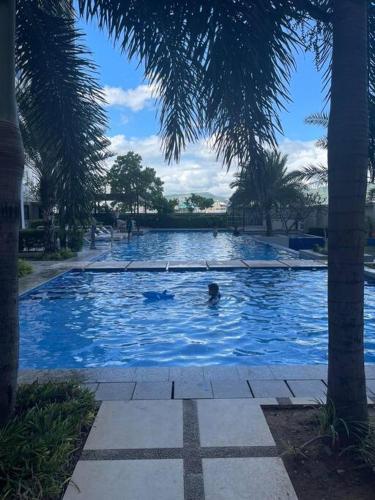 a person swimming in a pool with palm trees at Horizon 101, Condo with a pool & view in Cebu City