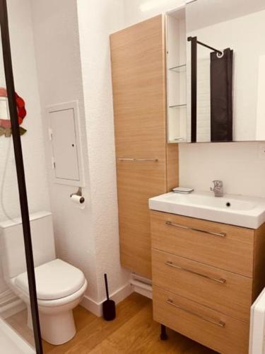 une petite salle de bain avec toilettes et lavabo dans l'établissement Studio idéalement situé, à Arcachon