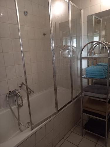 um chuveiro com uma porta de vidro na casa de banho em Ferienwohnung Hellweg em Herford