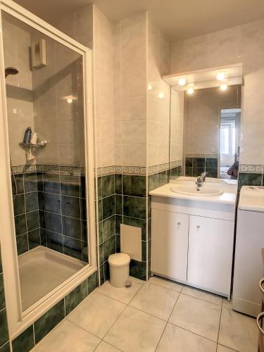 une salle de bain avec une douche, un lavabo et des toilettes dans l'établissement fleur de sel appartement face à la mer, à Wimereux