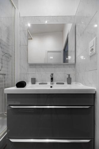 une salle de bain avec un lavabo et un miroir dans l'établissement L'Alliotaux - Appartement calme et design - Parking gratuit, à Vichy