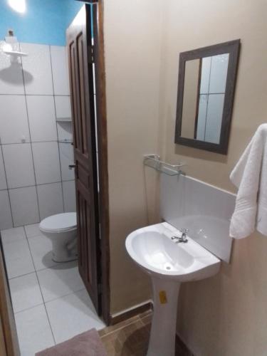 La salle de bains est pourvue d'un lavabo, de toilettes et d'un miroir. dans l'établissement Pousada Sossego Ronaldo e Clarinha, à Alter do Chão