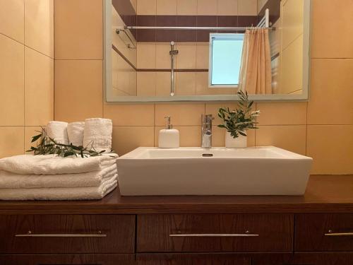 W łazience znajduje się umywalka, lustro i ręczniki. w obiekcie Aegina Sea View Villa w mieście Aegenitissa