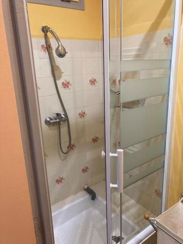une douche avec une porte vitrée dans une salle de bain dans l'établissement Chez FERNAND-Vues sur les montagnes, à Arles-sur-Tech