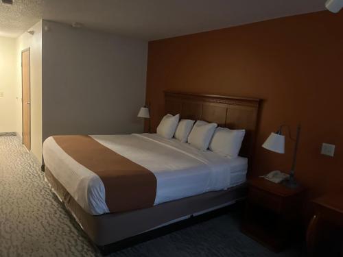 Habitación de hotel con cama grande con almohadas blancas en Regency Inn & Suites, en Anoka