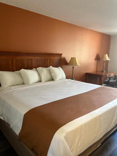 1 cama grande con almohadas blancas en una habitación de hotel en Regency Inn & Suites, en Anoka