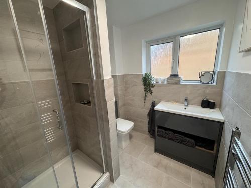 a bathroom with a shower and a sink and a toilet at Ashvale, Cambridge in Chesterton