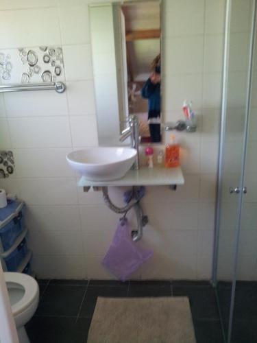 a bathroom with a sink and a toilet at Lakeview Chalet in the Galilee - Master Bedroom Sublet in Kafr Mandā