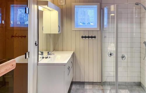 ein weißes Bad mit einem Waschbecken und einer Dusche in der Unterkunft 4 Bedroom Stunning Home In Svingvoll in Svingvoll