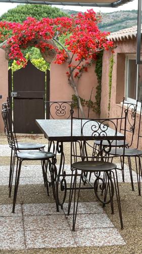 a table and chairs with red flowers on a patio at Résidence U Pirellu in Porto-Vecchio