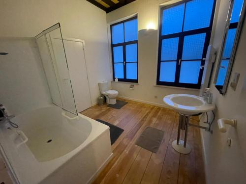 een badkamer met een wastafel, een bad en een toilet bij De Wijngaard in Gent