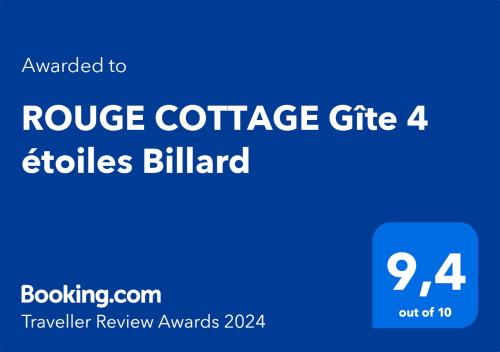 a blue rectangle with the words roose coffee gift bills billender review at ROUGE COTTAGE Gîte 4 étoiles Billard in Gueutteville-les-Grès