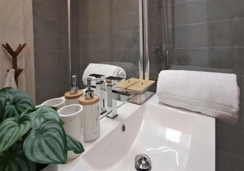 ein Badezimmer mit einem weißen Waschbecken und einem Spiegel in der Unterkunft Snow Home by So'SerenityHome-Jardin-Parking-Calme in Marignier