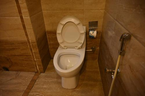 a bathroom with a white toilet in a stall at HOTEL SUN GREEN in Bhubaneshwar