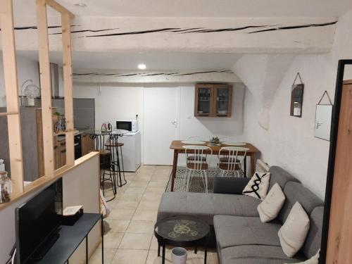 a living room with a gray couch and a kitchen at ISSOIRE studio hyper centre in Issoire