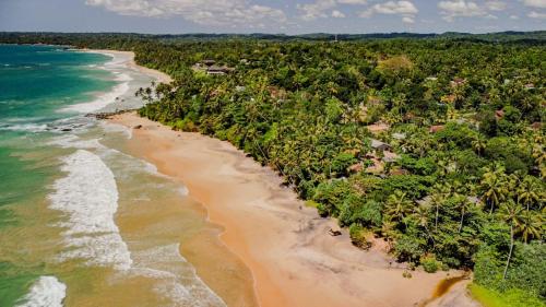 an aerial view of a beach next to the ocean at Beach House Kalukatiya - Family Villa, Seaview Room, Garden Room in Dickwella