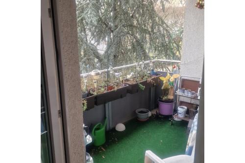 einen Balkon mit Topfpflanzen und grünem Boden in der Unterkunft Private Rooms in Hannover