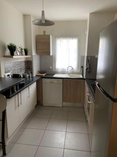 une cuisine avec un évier et un réfrigérateur dans l'établissement Appartement Pessac, à Pessac