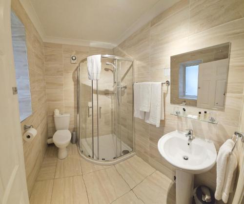 ダブリンにあるワーテルロー ロッジのバスルーム(シャワー、洗面台、トイレ付)