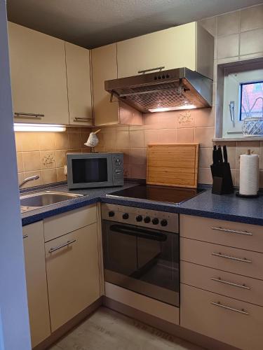 a kitchen with a stove top oven next to a sink at Apart-Lachmoewe-im-Moewennest-Tossens in Stick