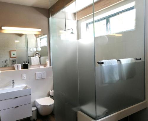 a bathroom with a shower with a toilet and a sink at Fresh in Cape Town