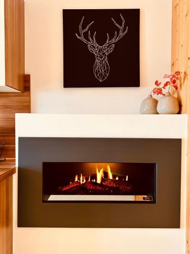 a fireplace with a deer head on the wall at Sonn-Alm Chalet-Apartments in Bichlbach