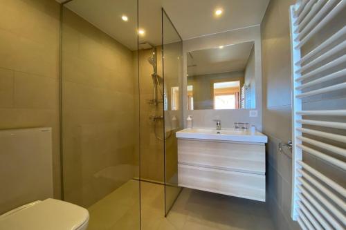 een badkamer met een douche, een wastafel en een toilet bij Bénélux I in Verbier