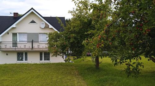 a white house with a balcony and a tree at Kaszubskie Nuty in Miechucino