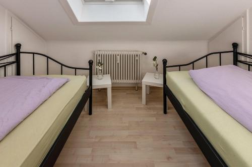 two beds in a room with a skylight at Ferienwohnung Hüttennest in Villingen-Schwenningen